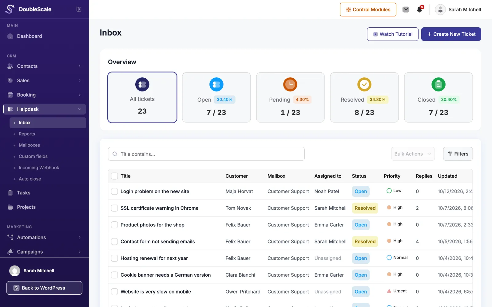 DoubleScale helpdesk screen