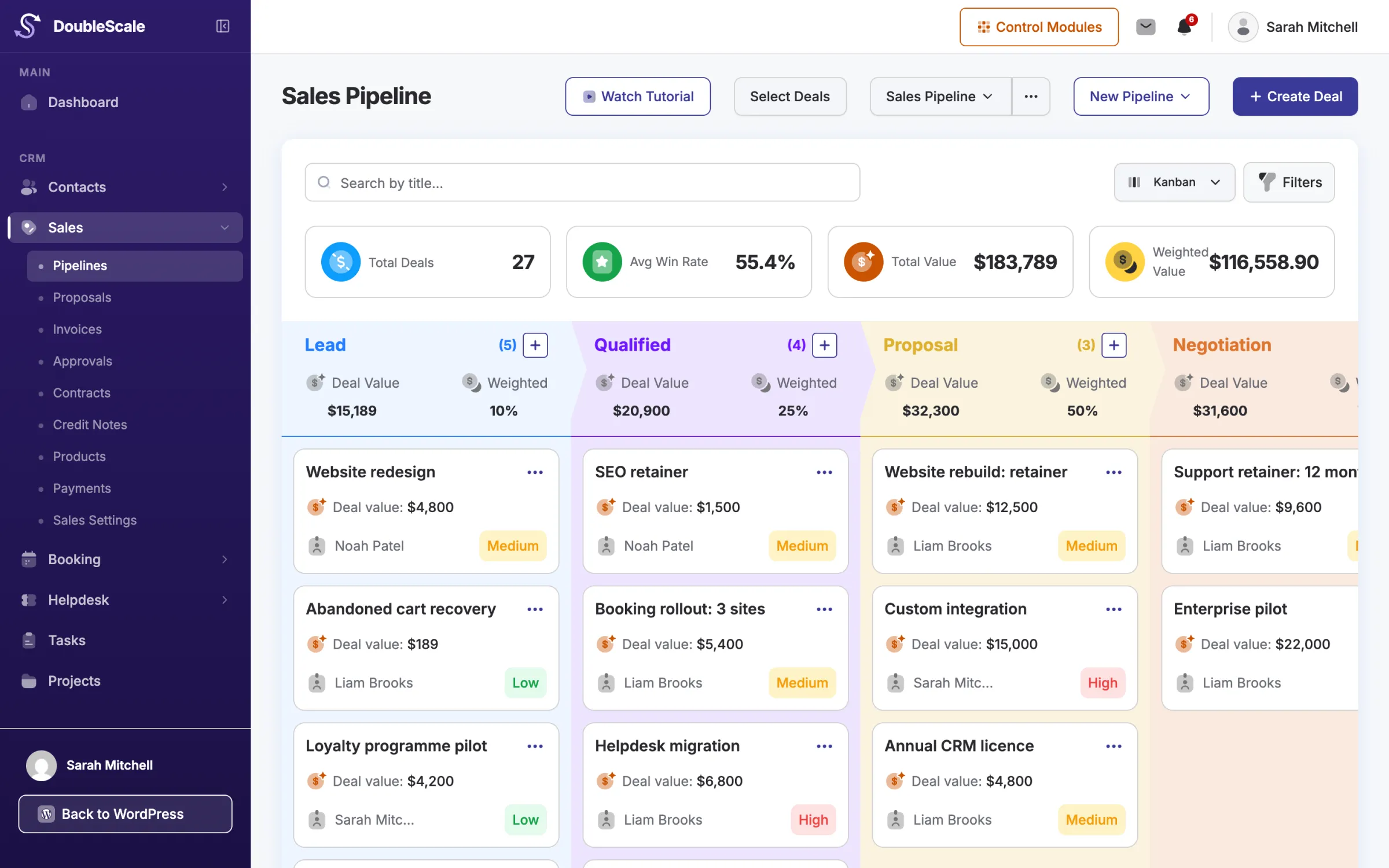 DoubleScale sales pipeline in wp-admin: deals by stage with values, owners and priorities