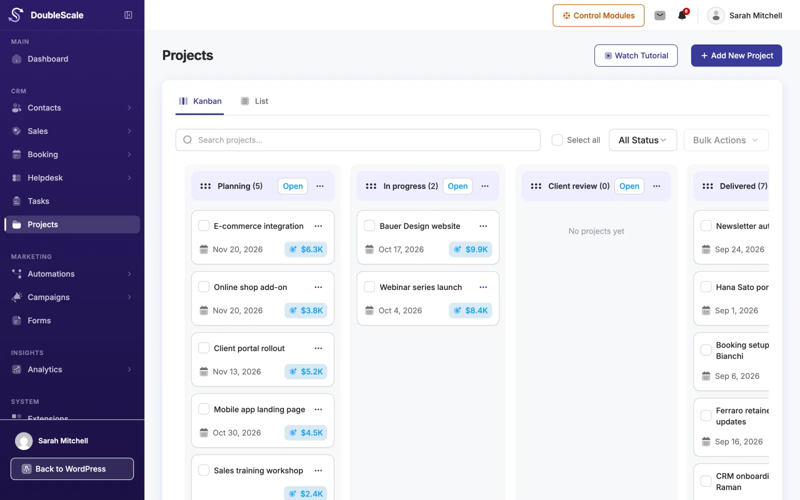 DoubleScale projects board with statuses, progress and due dates