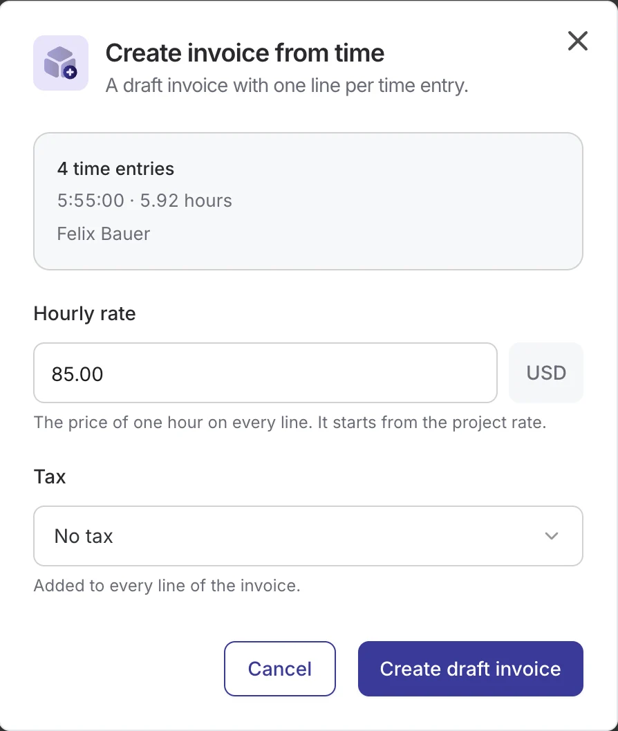 Create invoice from time: 4 time entries, 5.92 hours for Felix Bauer, an hourly rate of 85.00 USD and a tax choice