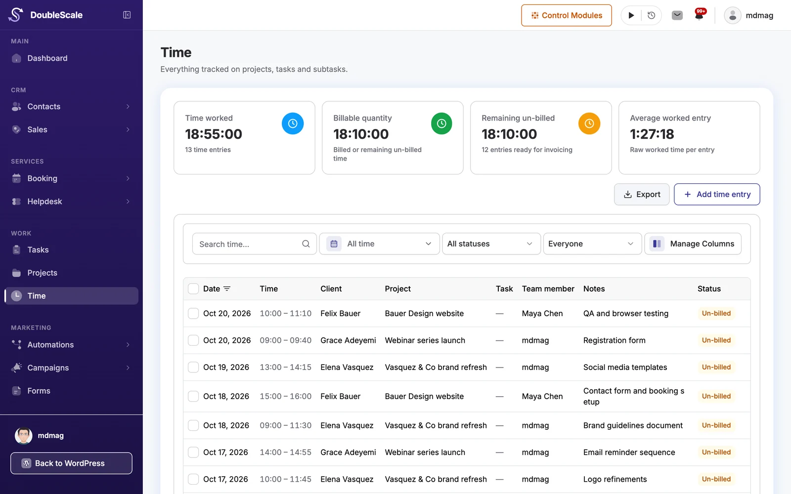 The Time page in DoubleScale: time worked, billable time, remaining un-billed time and every entry by client, project and team member