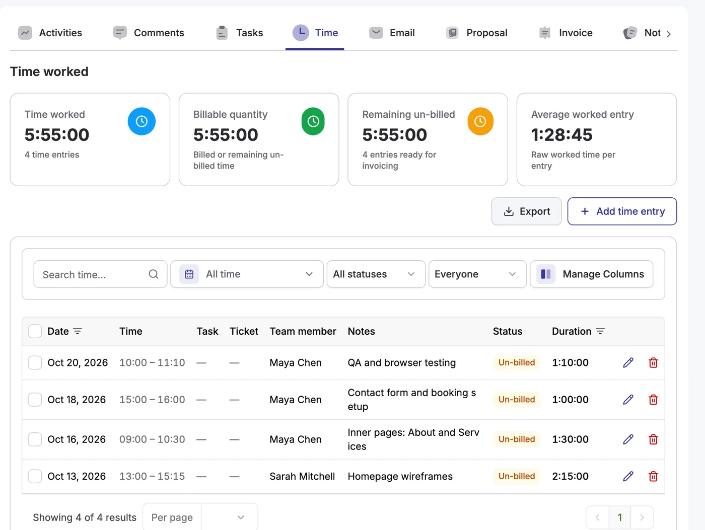 A project's Time tab: time worked, billable quantity, remaining un-billed time and the list of entries with their status