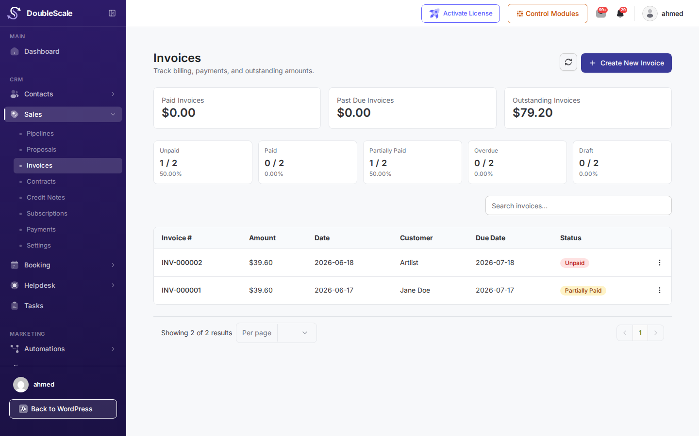 DoubleScale Invoices list