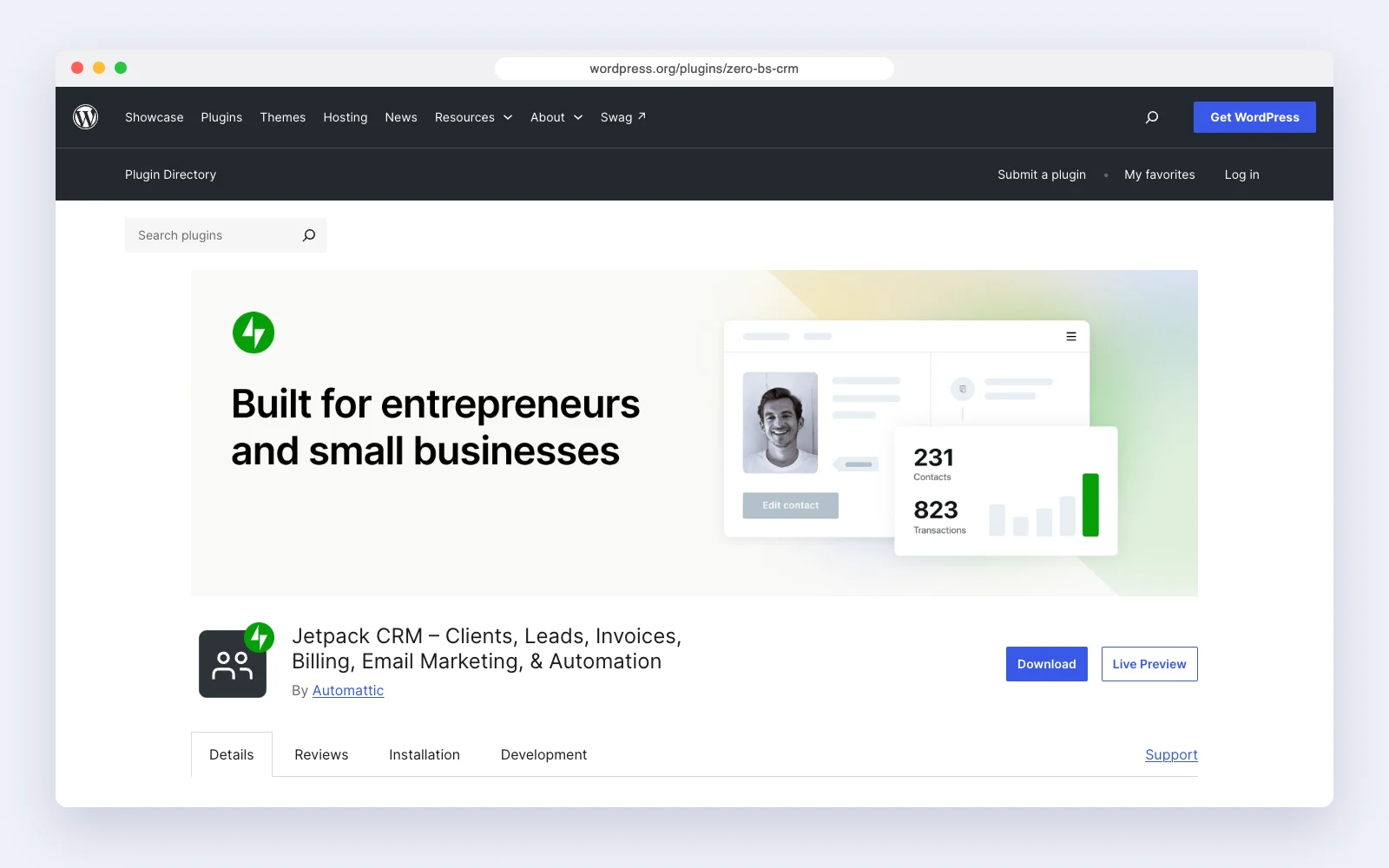 Jetpack CRM website