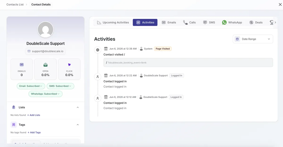 DoubleScale contact timeline, an ActiveCampaign alternative for small business