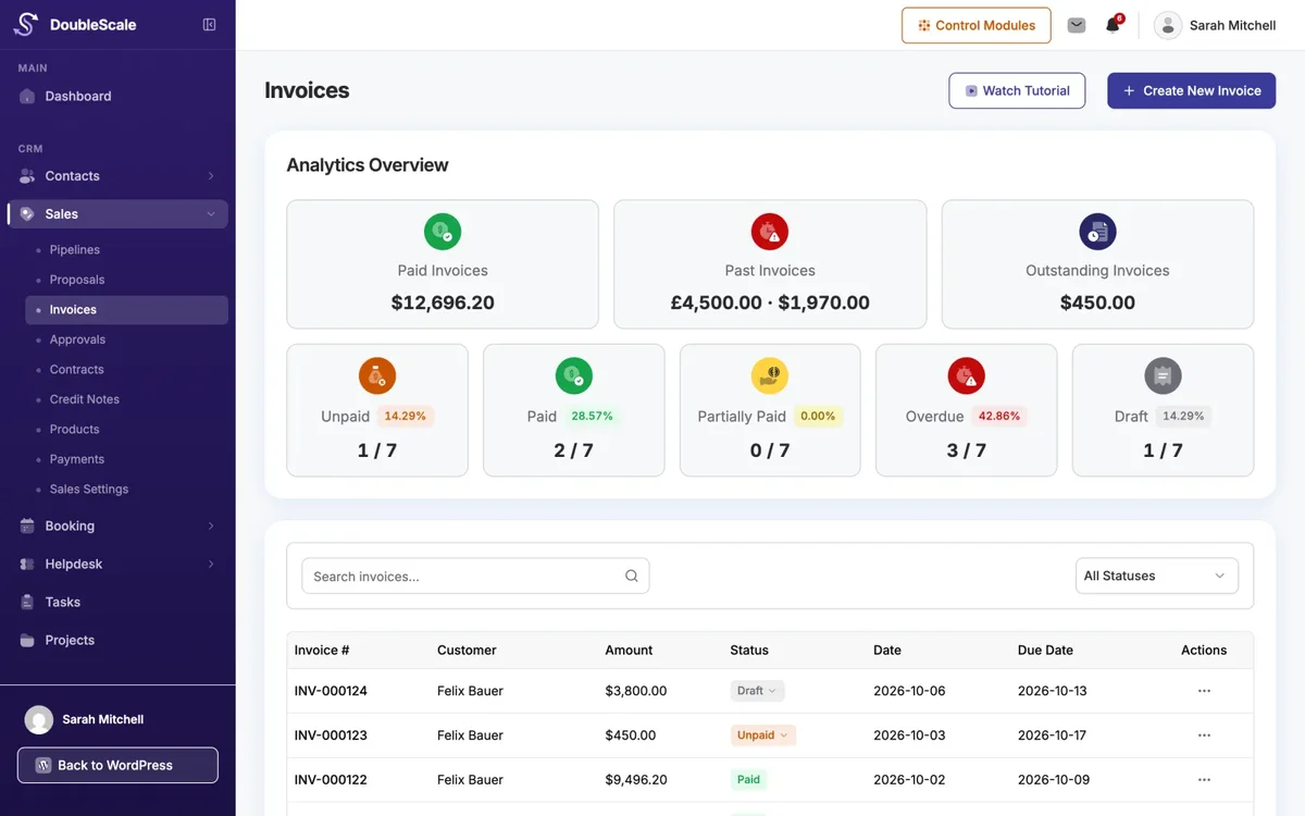 DoubleScale invoices in a free CRM for freelancers