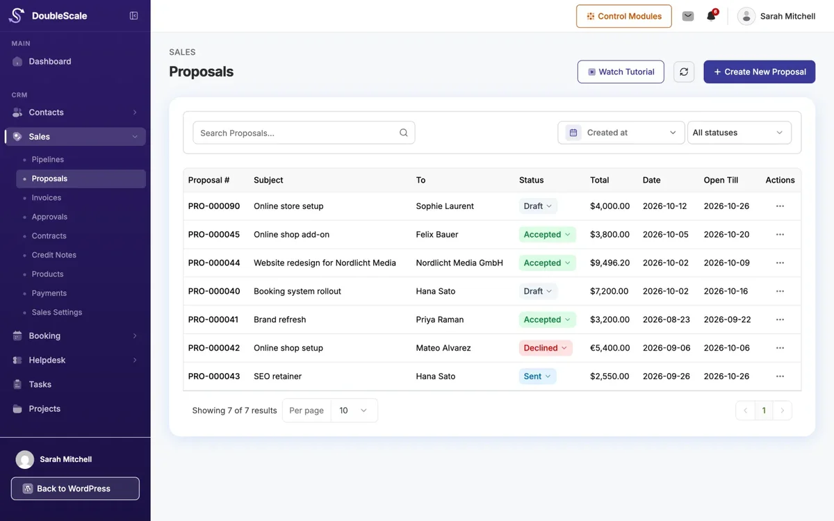 DoubleScale proposals, a free CRM for freelancers