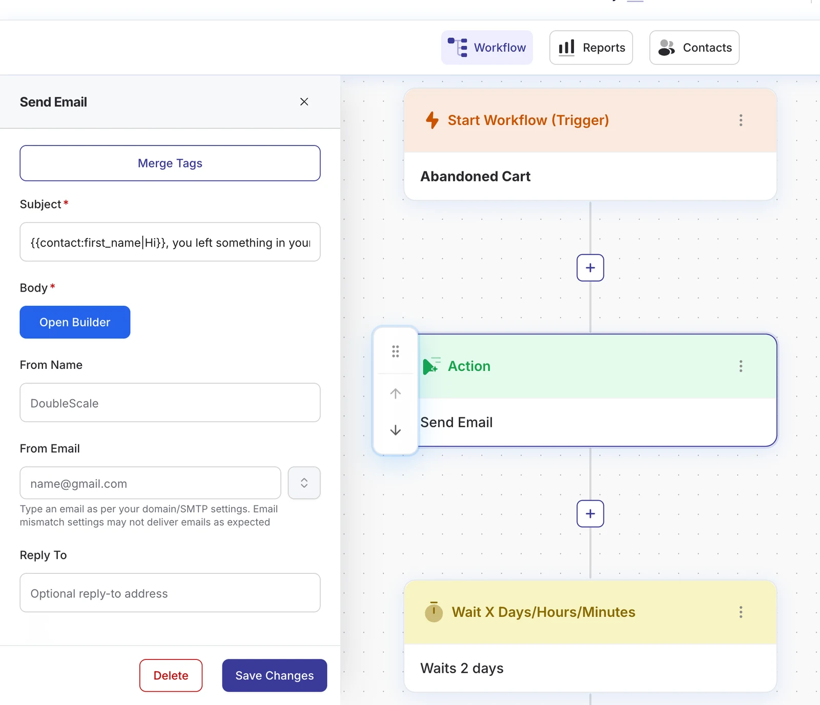 DoubleScale abandoned cart automation with the send email step open