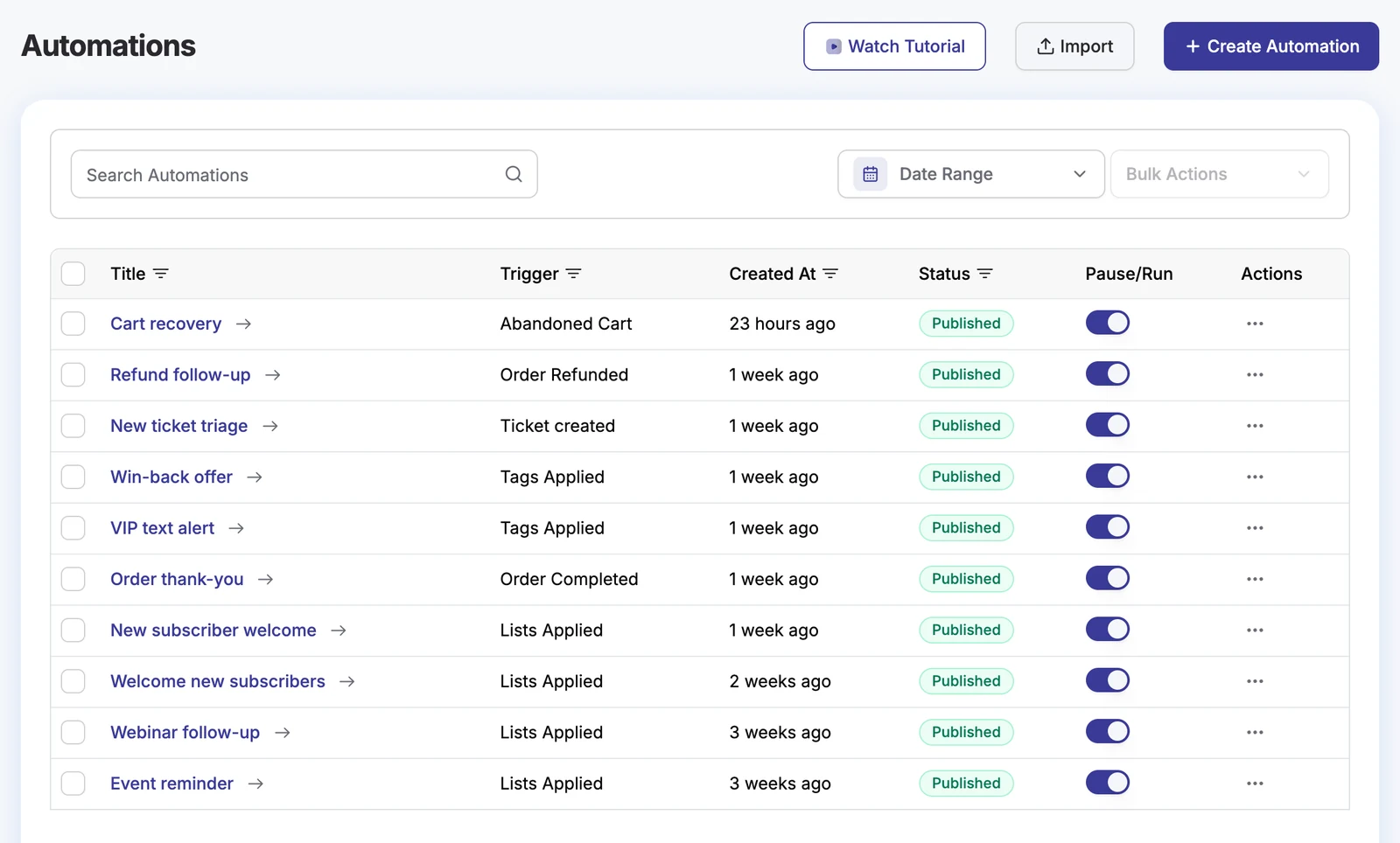 DoubleScale automation list with WooCommerce, ticket and tag triggers
