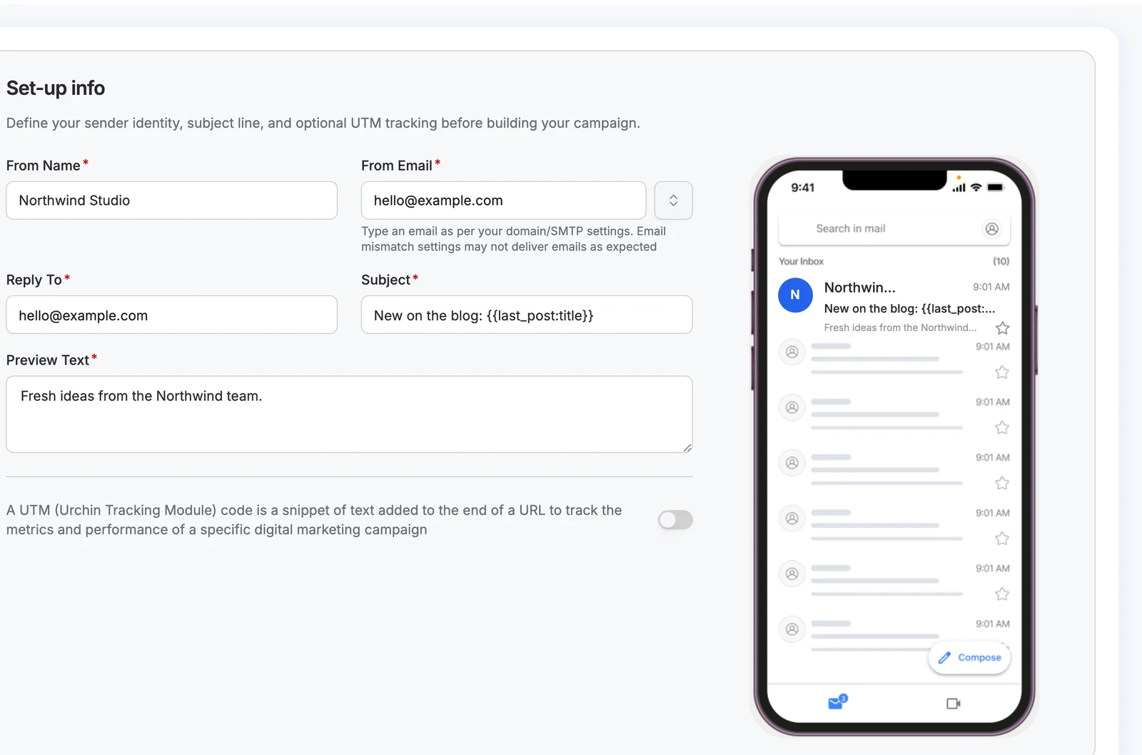 DoubleScale campaign setup with a live phone inbox preview