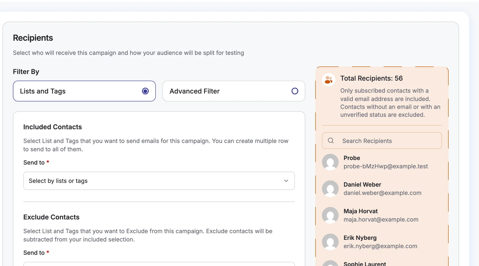 Choosing campaign recipients by lists and tags in DoubleScale with a live recipient count