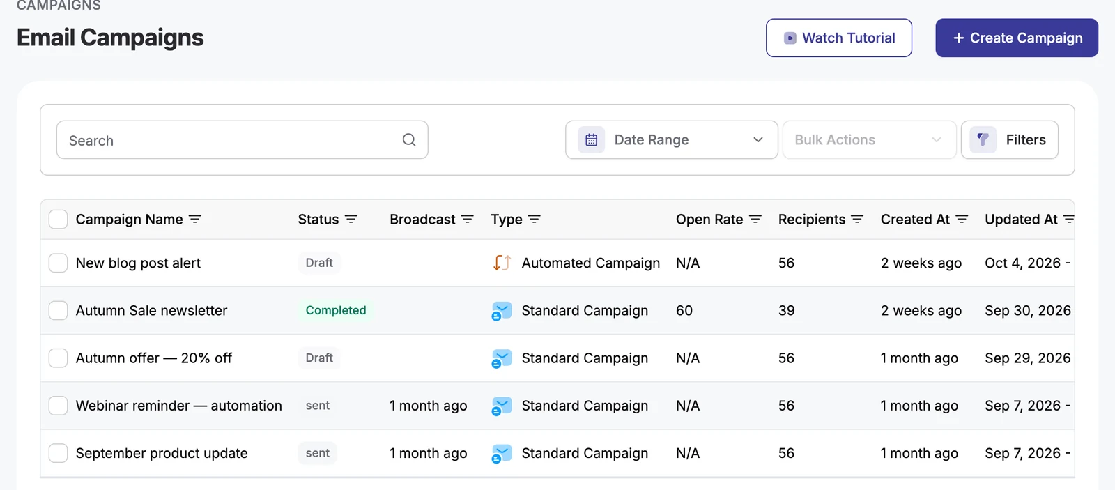 DoubleScale email campaign list with status, type, open rate and recipients