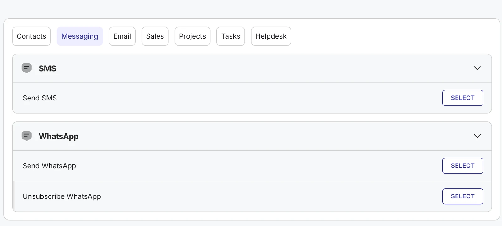 DoubleScale messaging actions: Send SMS, Send WhatsApp and Unsubscribe WhatsApp