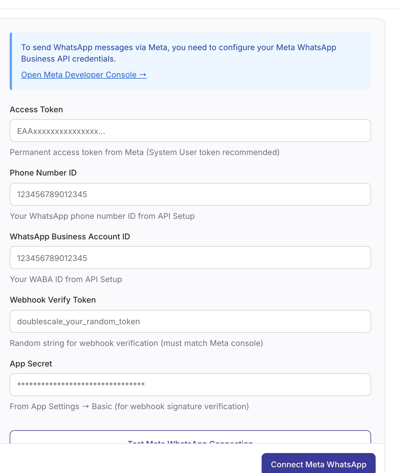 Meta WhatsApp credential fields in DoubleScale