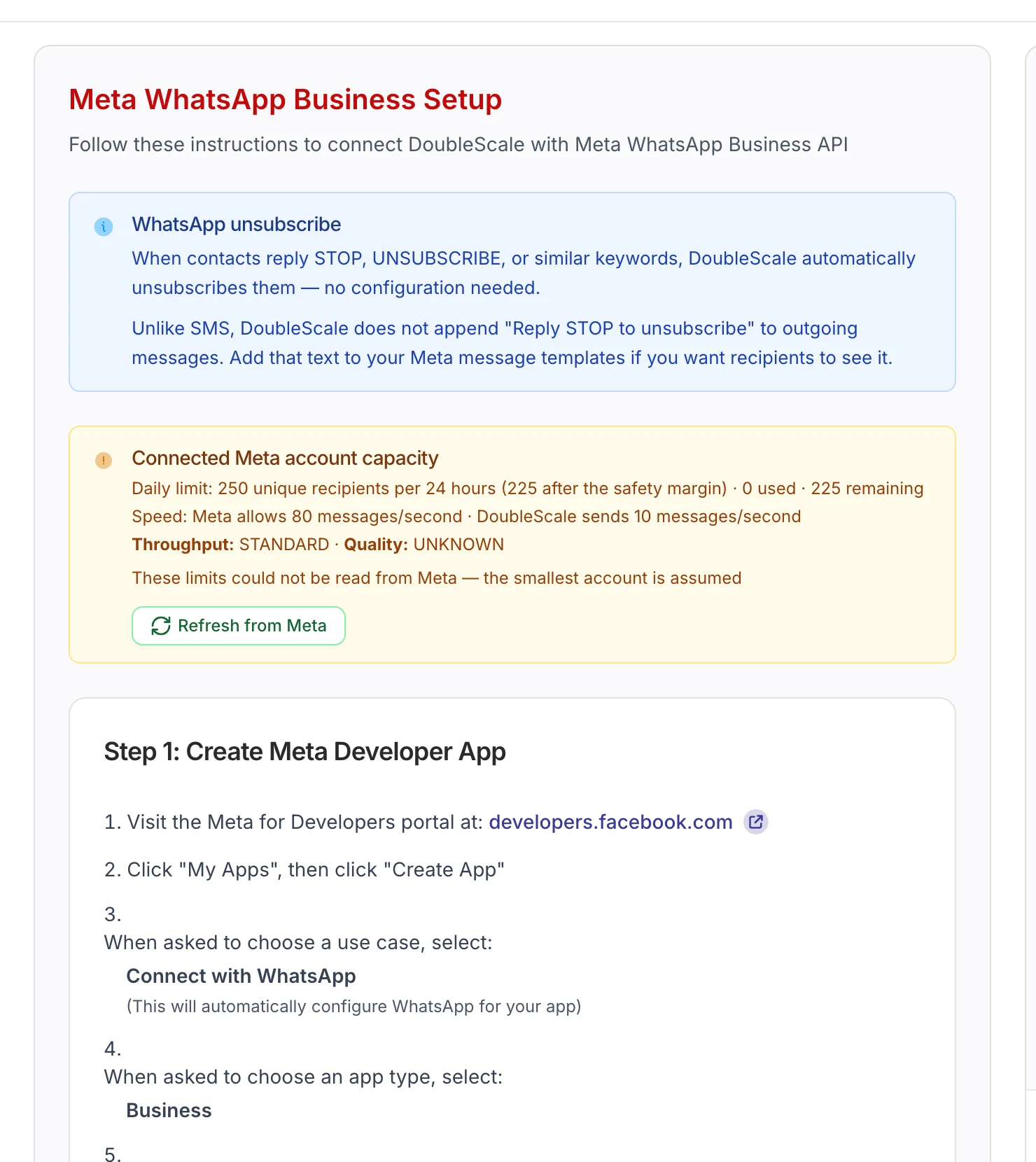 DoubleScale Meta WhatsApp setup guide with unsubscribe handling and account capacity