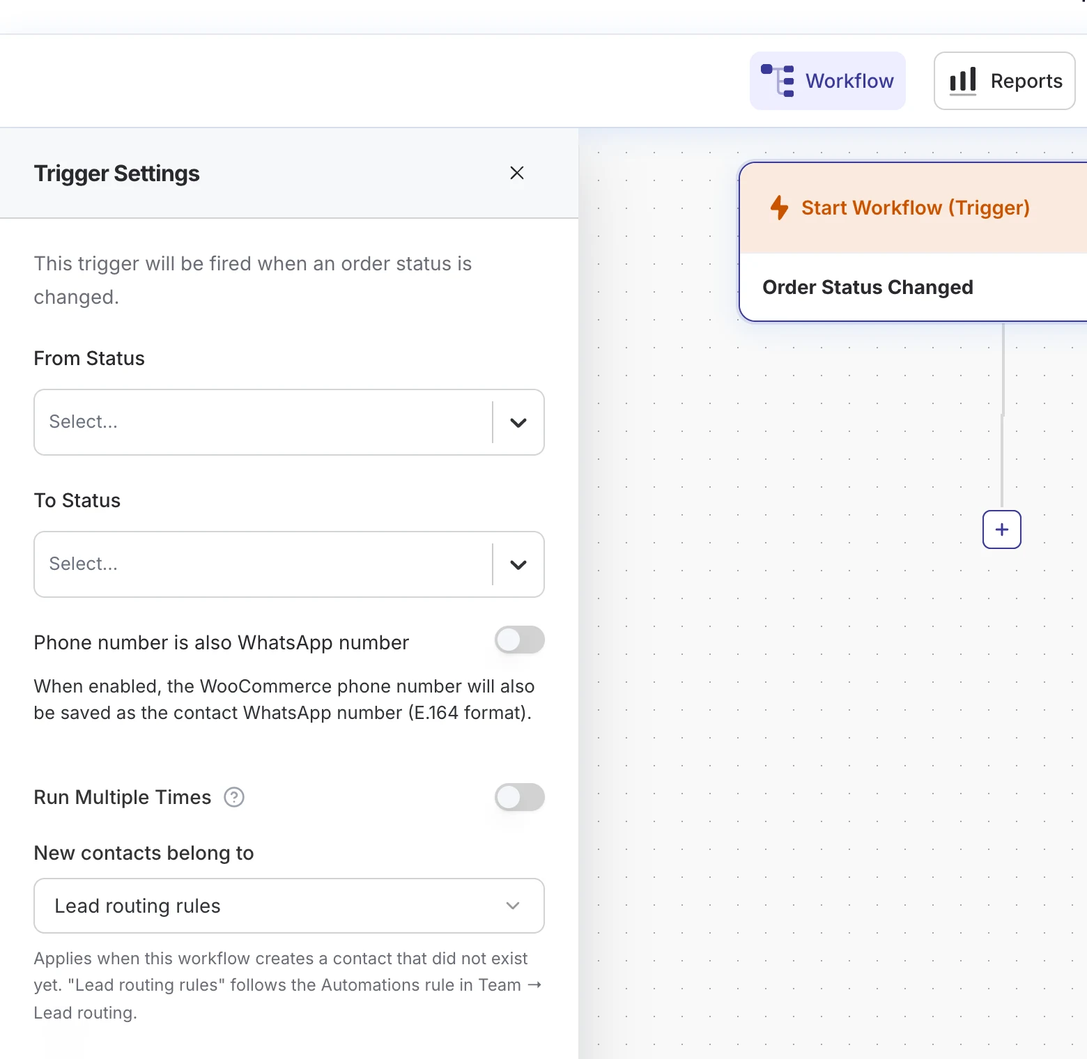 WooCommerce Order Status Changed trigger settings in DoubleScale with the phone as WhatsApp option