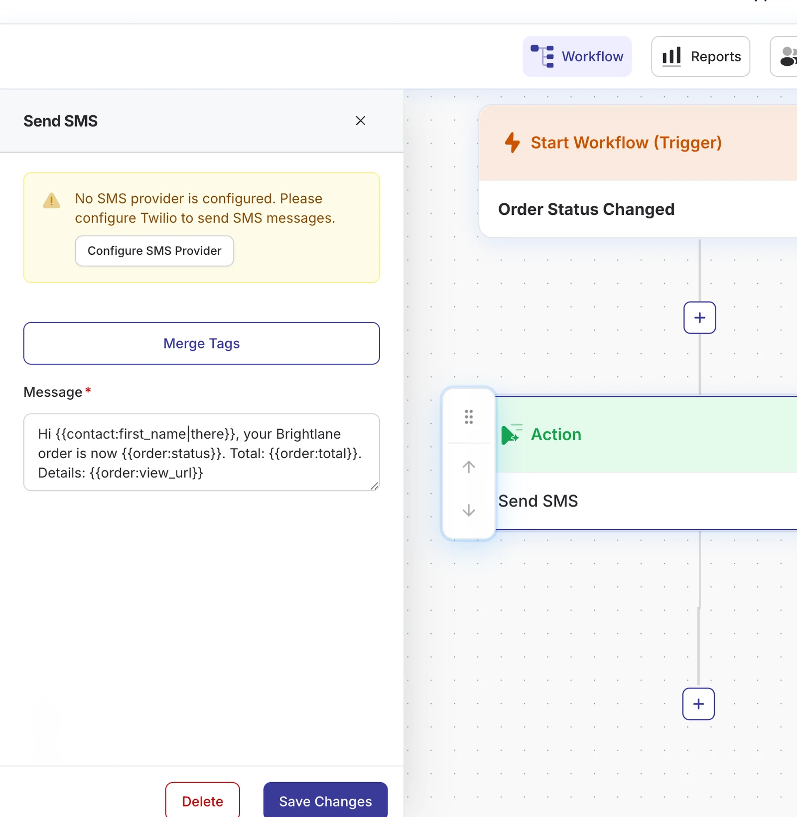 DoubleScale Send SMS step with an order message using merge tags