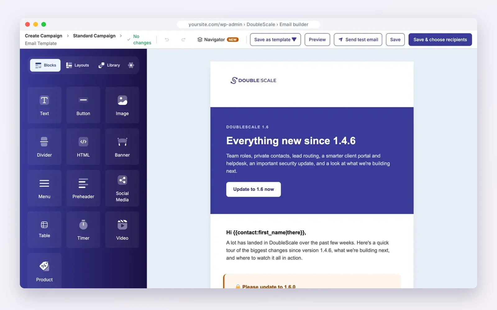 DoubleScale drag-and-drop email builder with a designed newsletter