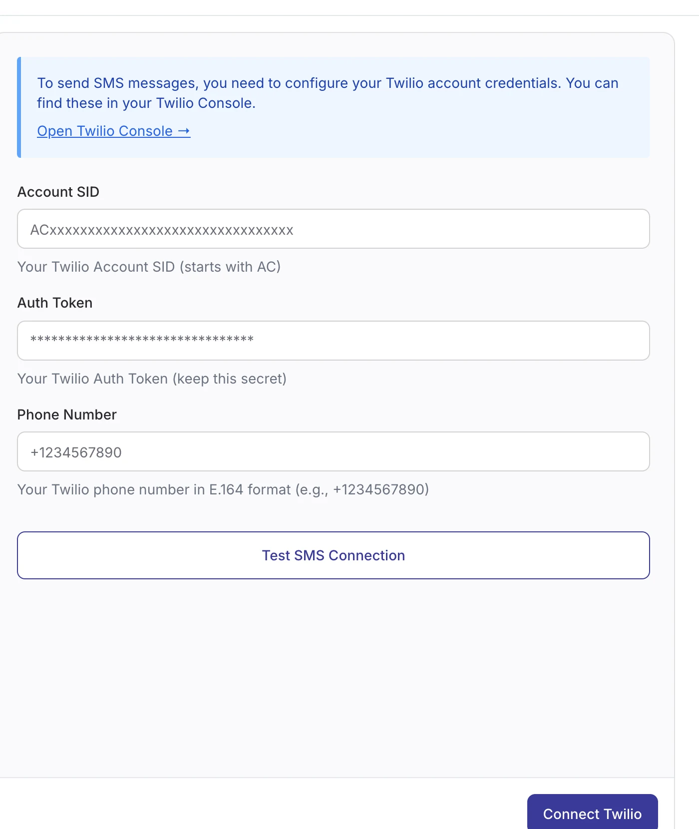 Twilio credentials form in DoubleScale with Account SID, Auth Token and phone number
