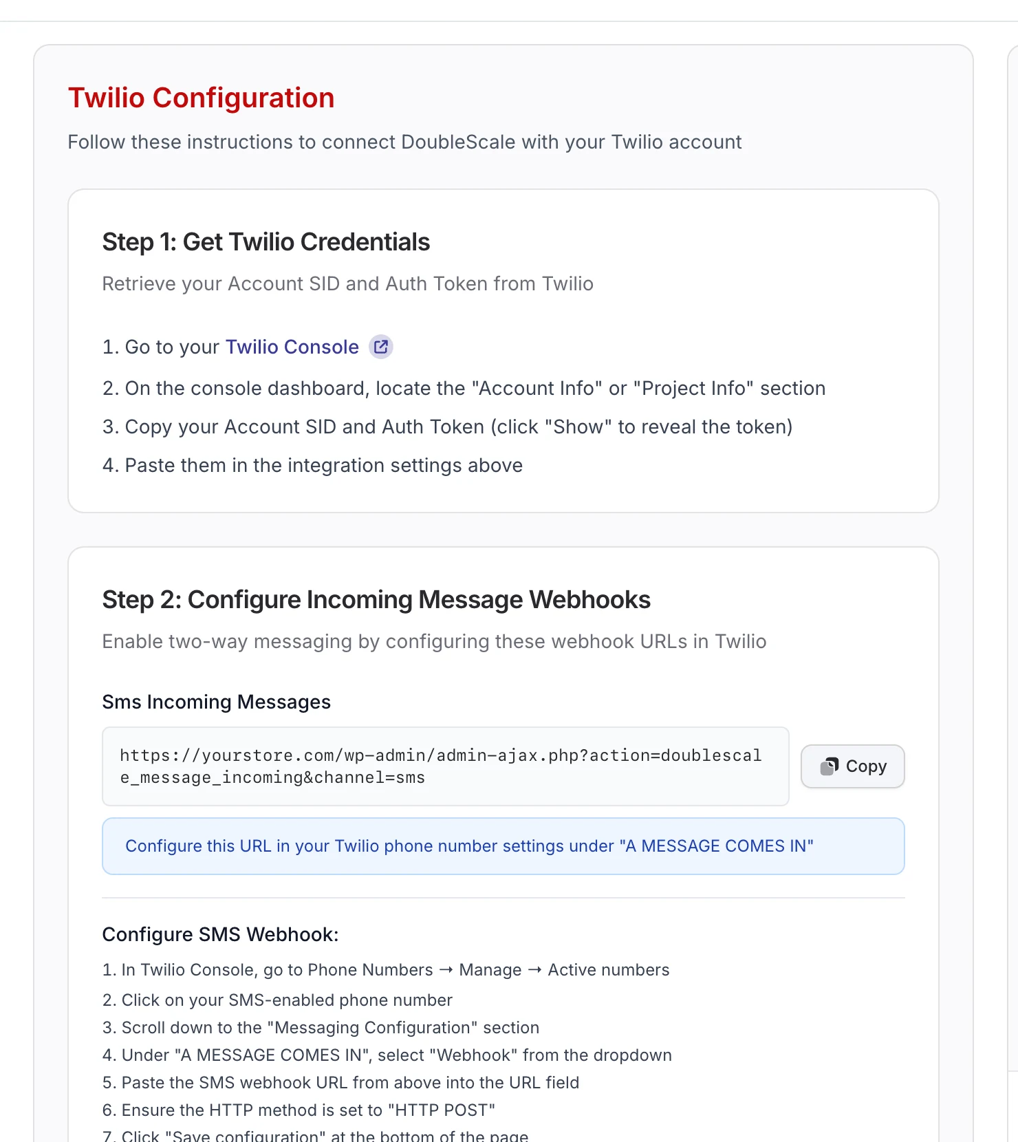 DoubleScale Twilio setup instructions with the incoming SMS webhook URL