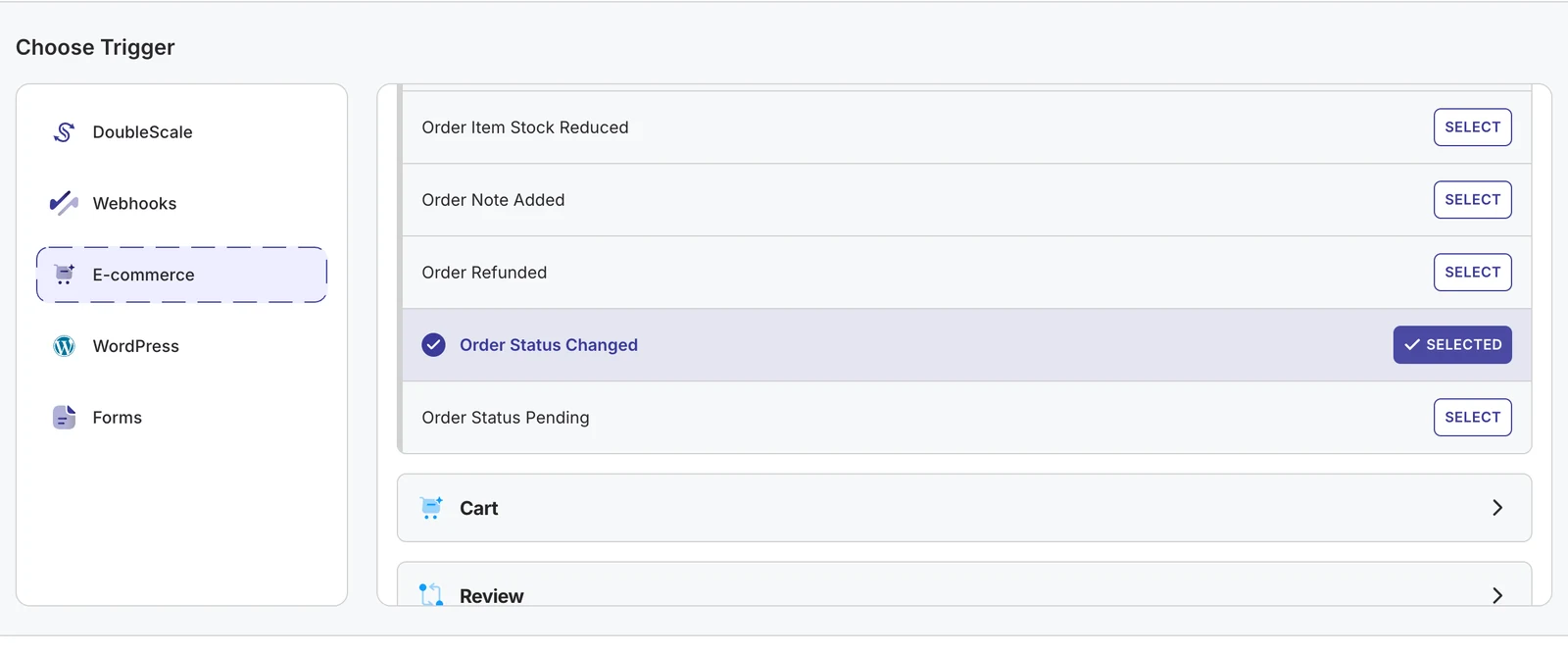 WooCommerce order triggers in the DoubleScale automation builder