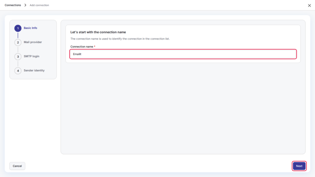 Add connection, step 1: connection name