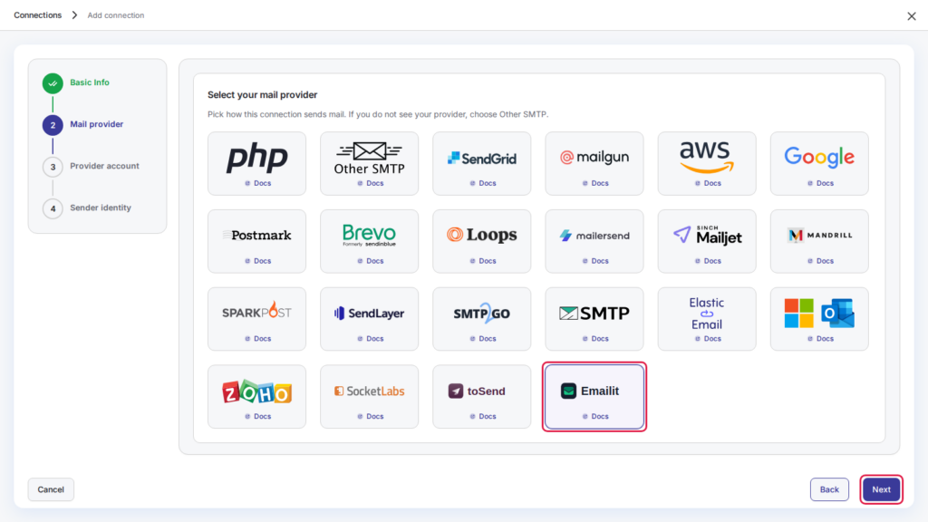 Add connection, step 2: Emailit selected as the mail provider