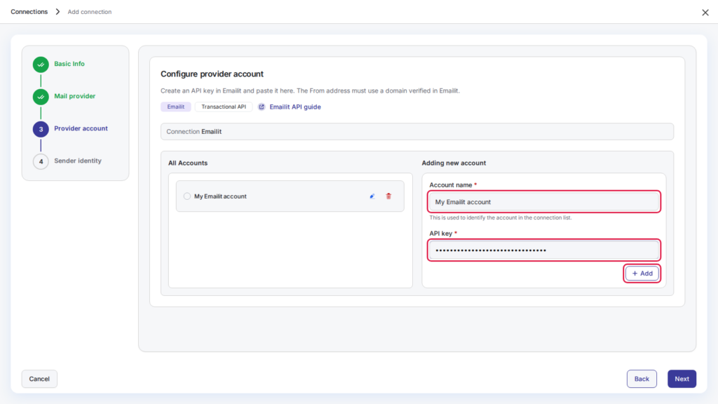 Add connection, step 3: Emailit account name, API key and Add button