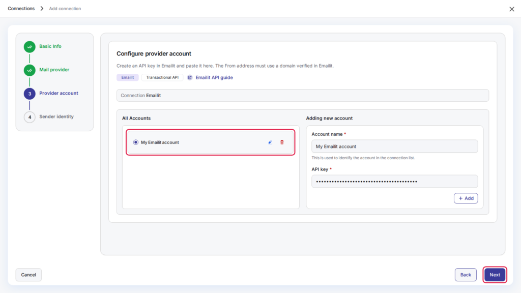 Connected Emailit account selected under All Accounts