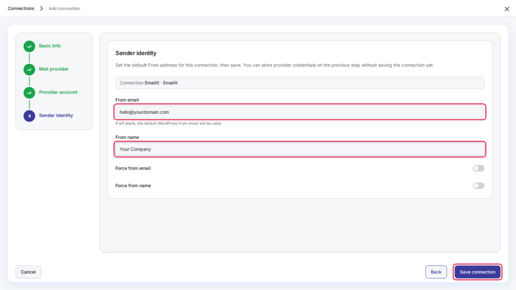 Add connection, step 4: From email, From name and Save connection