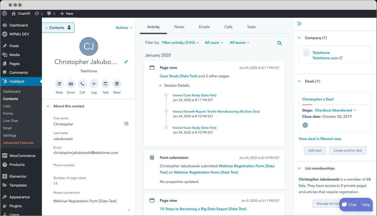 HubSpot CRM contact record inside WordPress