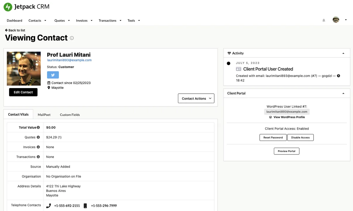Jetpack CRM contact view with quotes and invoices