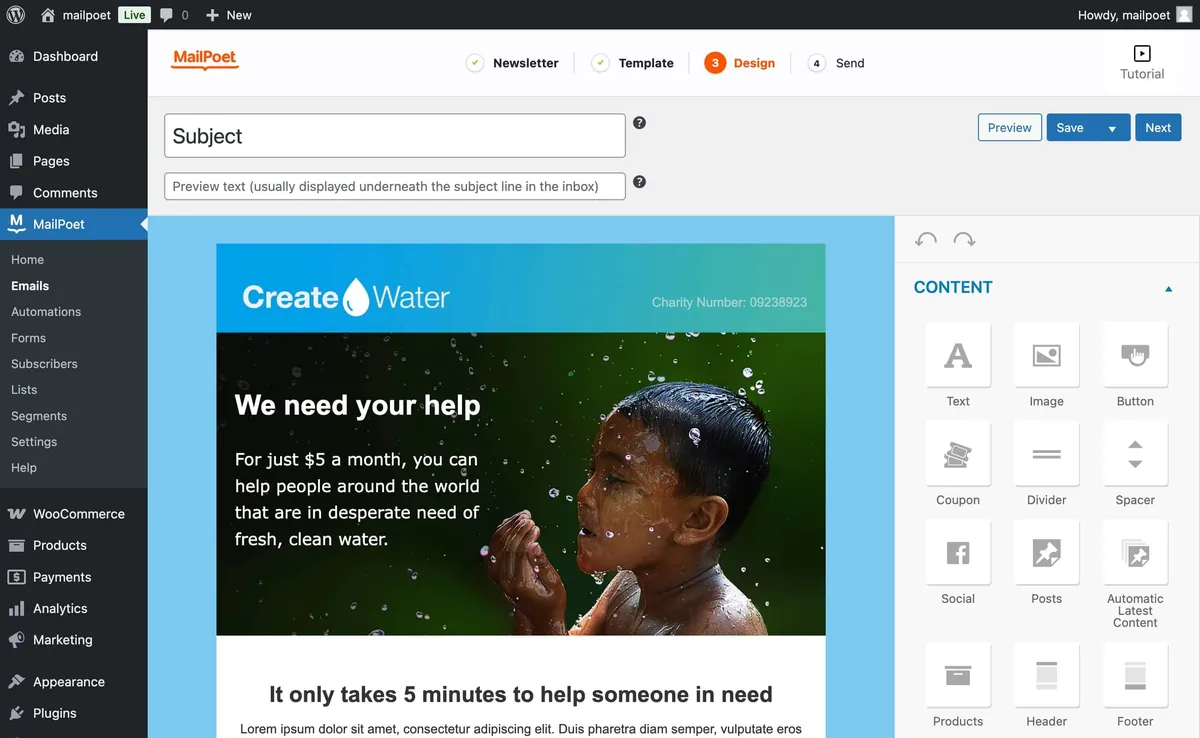 MailPoet drag-and-drop email designer