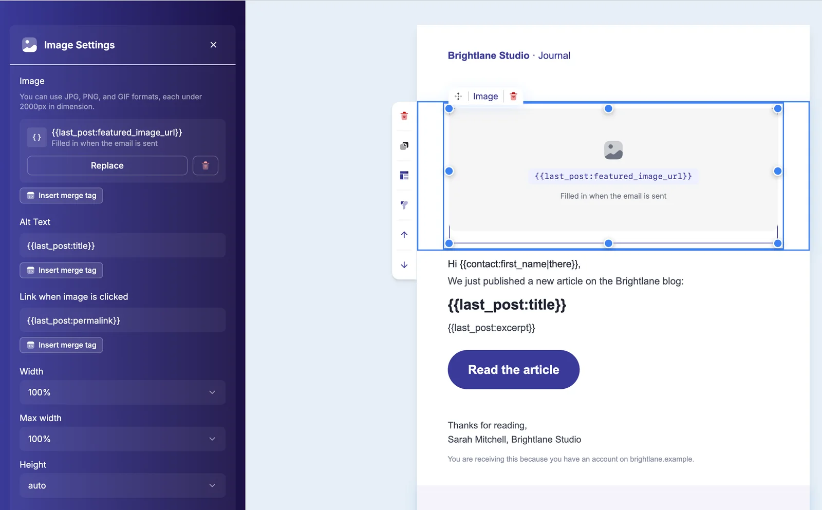 DoubleScale email builder with the featured image, greeting, title, excerpt and button set with merge tags