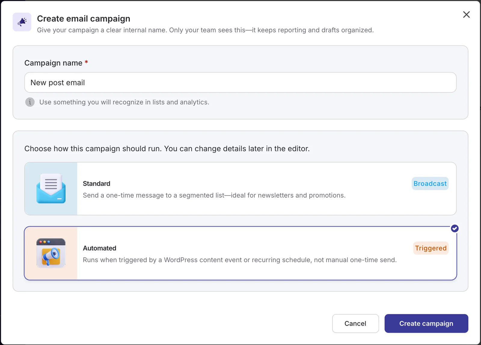 Create email campaign dialog in DoubleScale with the Automated campaign type selected