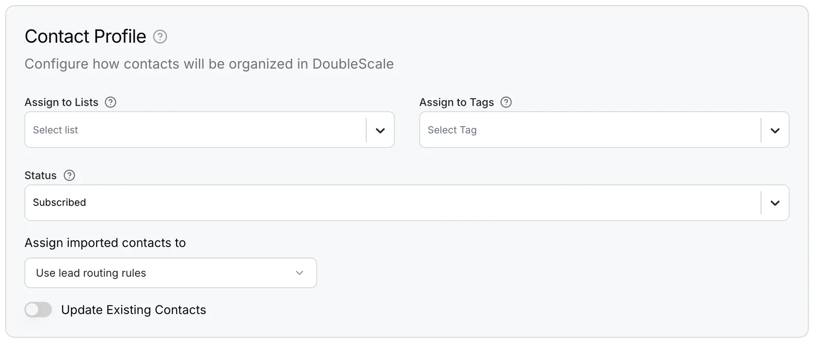 DoubleScale import options for WordPress users: lists, tags, status, owner and update existing contacts