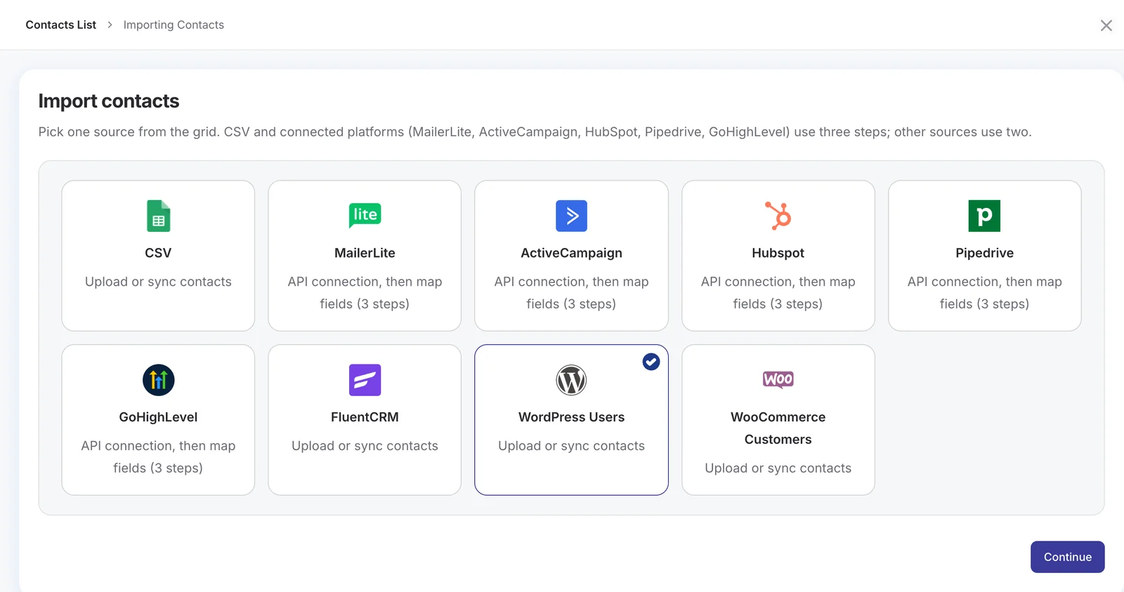 DoubleScale import contacts screen with WordPress Users selected as the source