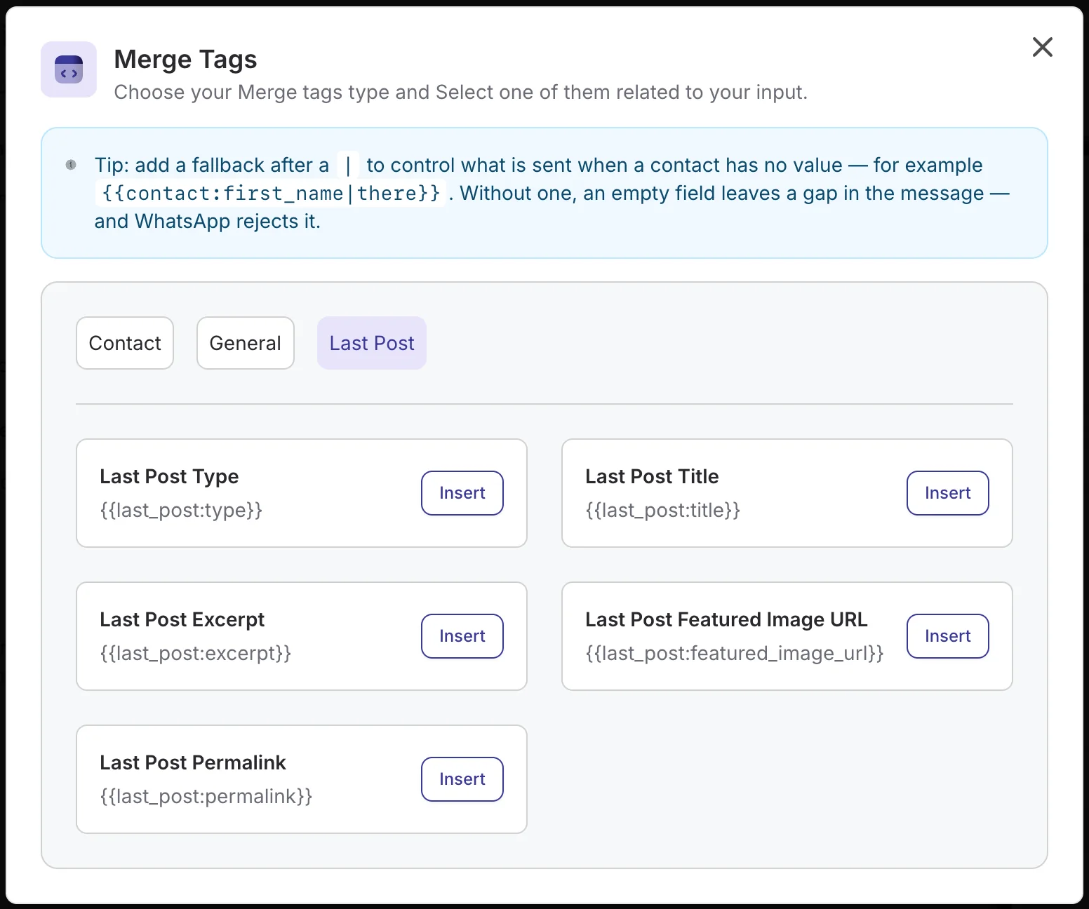 DoubleScale Merge Tags dialog showing the Last Post tags: type, title, excerpt, featured image URL and permalink