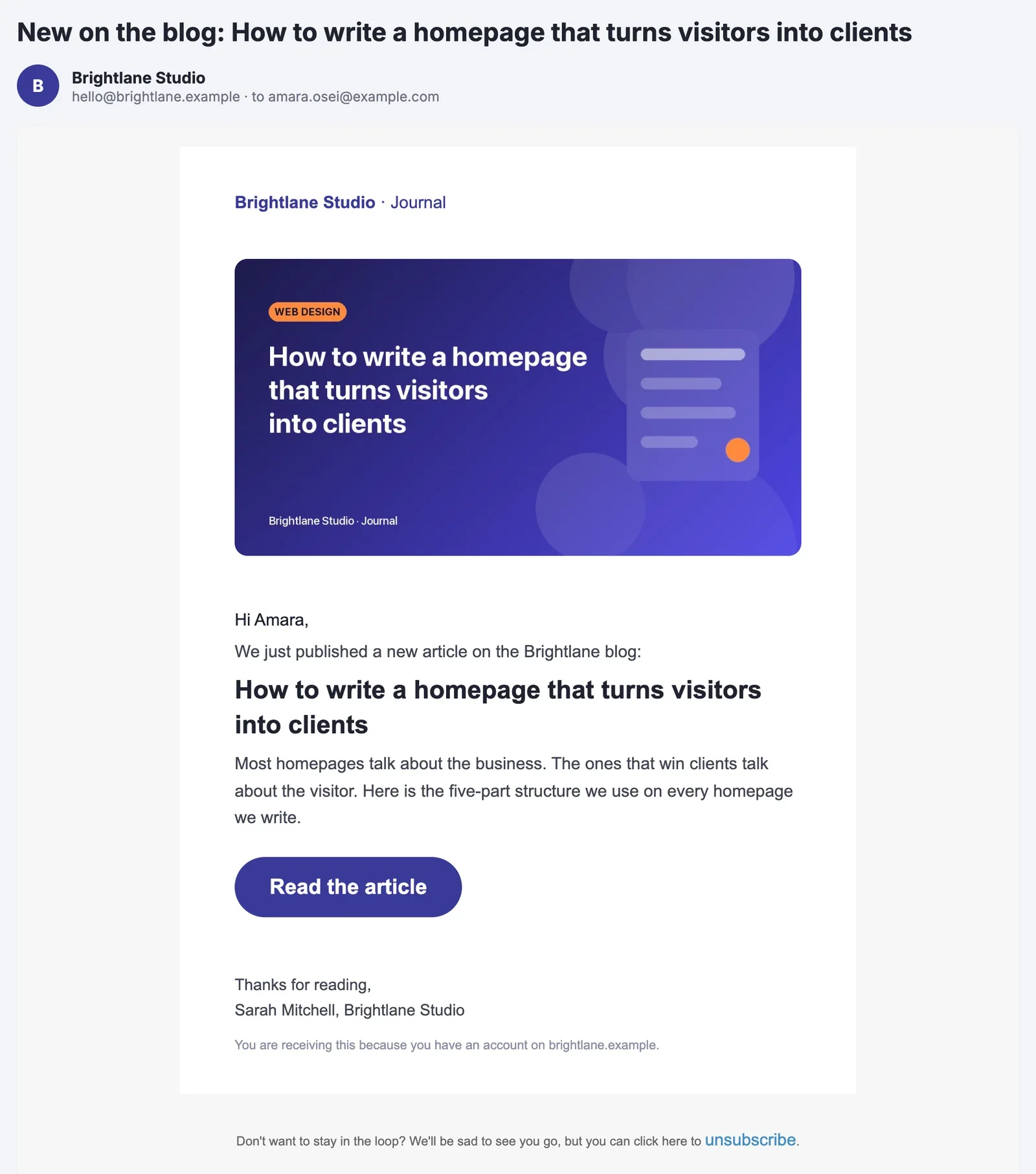 New post email received by a WordPress user, with her first name, the post featured image, title, excerpt and a Read the article button