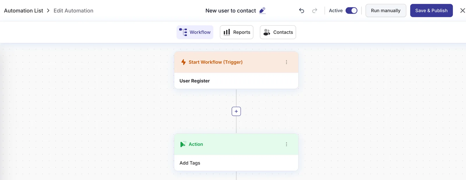DoubleScale workflow with the User Register trigger and an Add Tags action