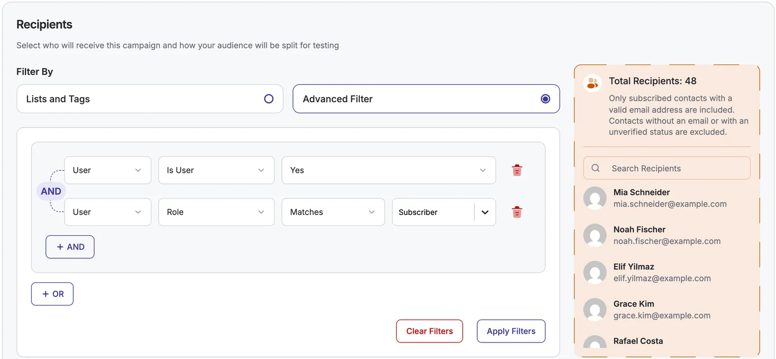 DoubleScale recipients advanced filter: WordPress users with the Subscriber role, with the total recipients count