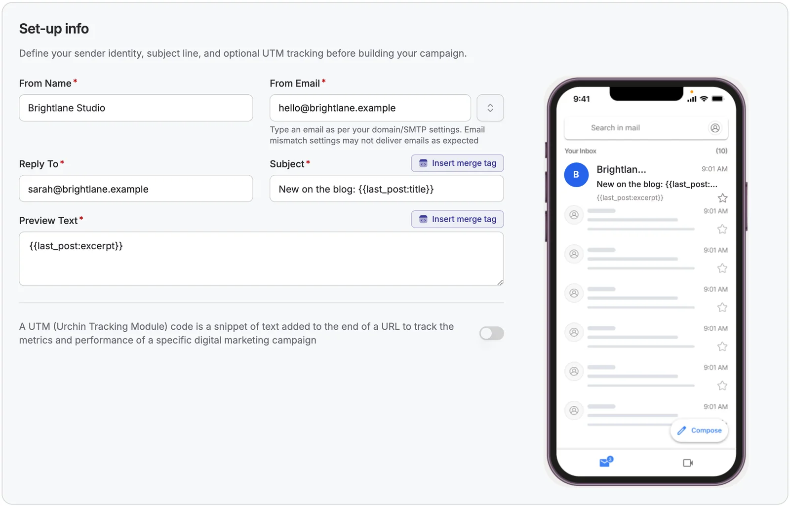 DoubleScale campaign set-up with merge tags in the subject and preview text and an inbox preview