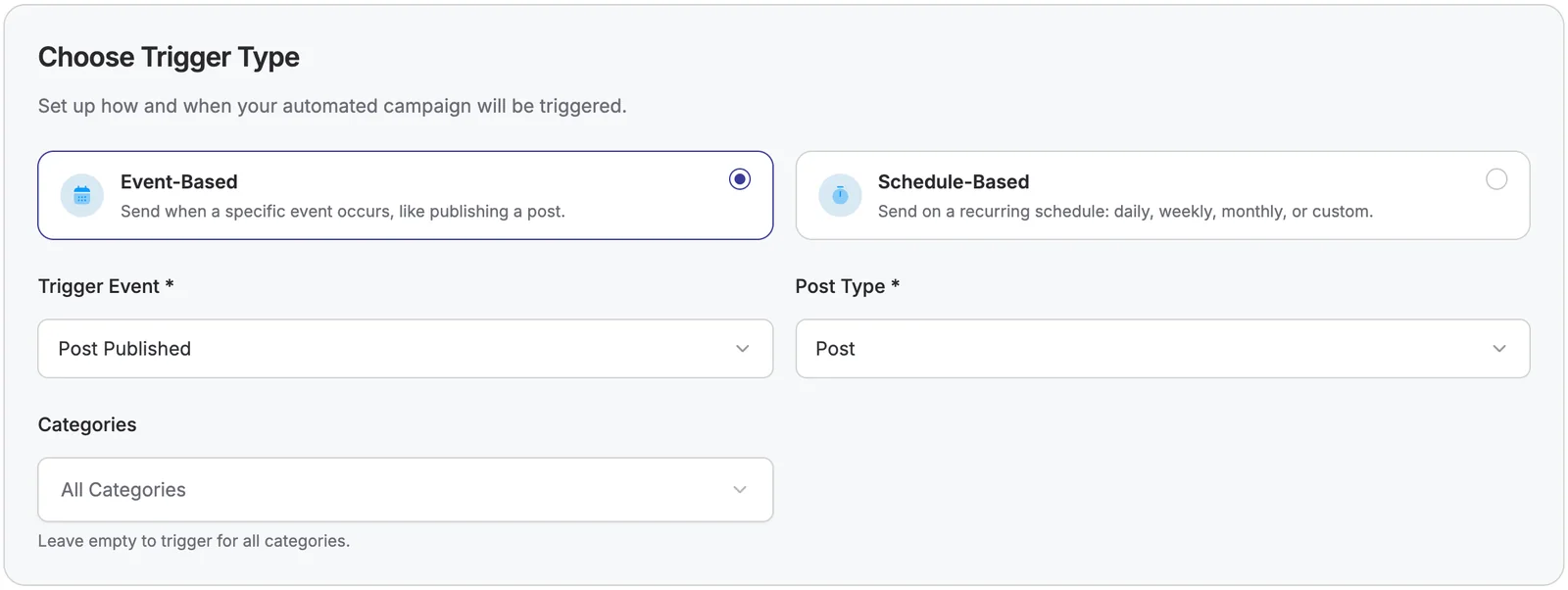DoubleScale automated campaign trigger: Event-Based, Post Published, Post type and categories