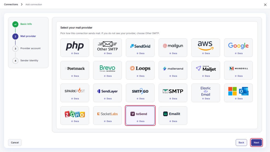 Add connection, step 2: toSend selected as the mail provider