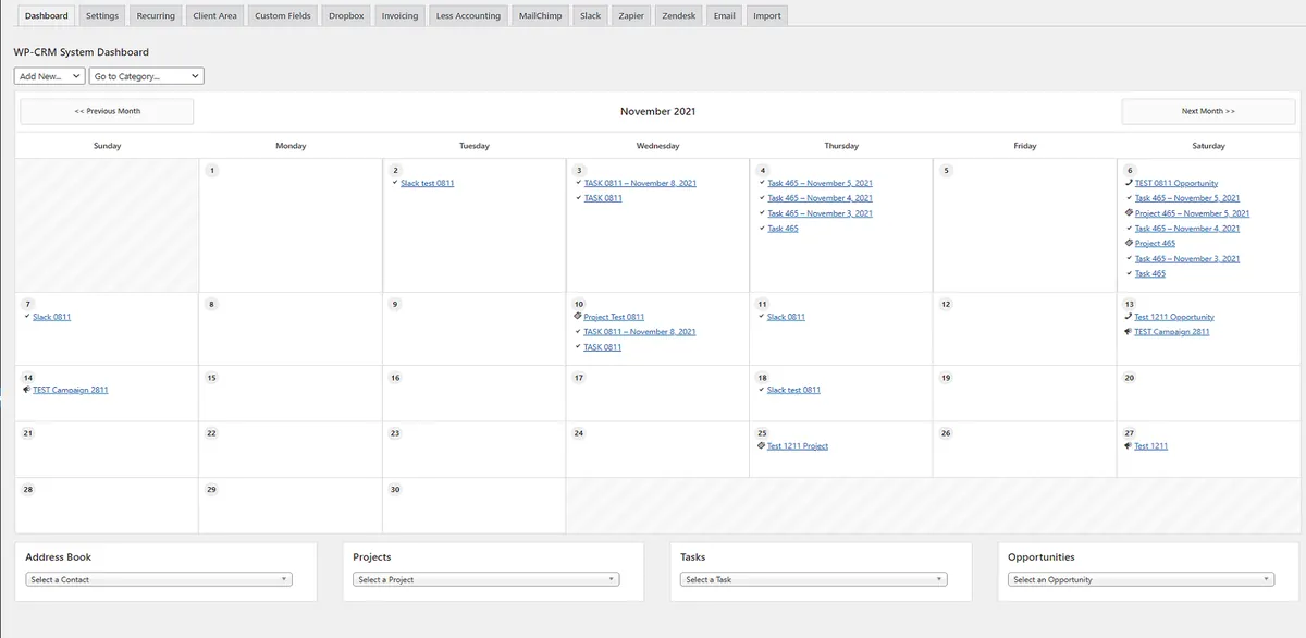 WP-CRM System dashboard calendar